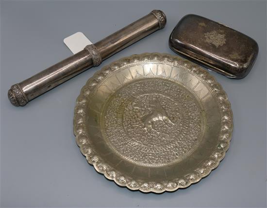 White metal engraved cigar case, small tray decorated mythological beast and a Celanese scroll case and scroll